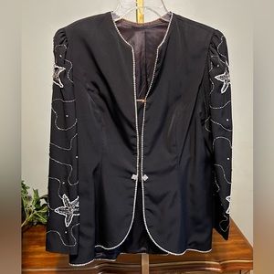 Vintage Unique Glamorous Beaded Rhinestone Black Formal Evening Blazer Jacket